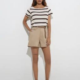 LOV by Westside Brown Striped Knit-Textured Cotton-Blend Top-picture-15