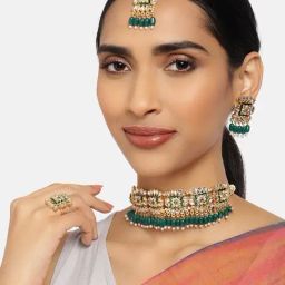 Zaveri Pearls Green Meenakari Kundan & Beads Choker Necklace Earring Maangtikka Ring Set-ZPFK10026-12