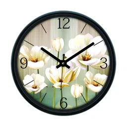 Aura Black & White Floral Printed Analogue Round Shaped Contemporary Wall Clock-image-54