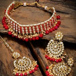 Zaveri Pearls Gold And Red Ethnic Choker Necklace Earring Maangtikka Set-ZPFK9010-image-40