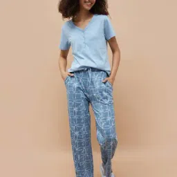 Ginger By Lifestyle Mid Blue Cotton Regular Fit Printed Night Suit-picture-4