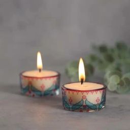 India Circus Blue Glass Blooming Dahlia T Lite Candle Votive - Set of 2-4
