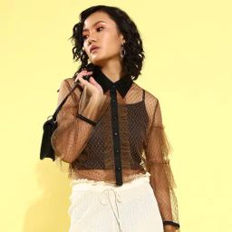 KASSUALLY Brown Self Design Crop Shirt-image-30