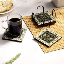 DULI Black & Brown 4 Pieces Printed Wooden Square Coasters With Stand-image-43
