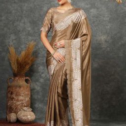 Satrani Peanut Brown Embellished Saree With Unstitched Blouse-image-64