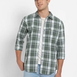 American Eagle Green Cotton Slim Fit Checks Shirt-image-92