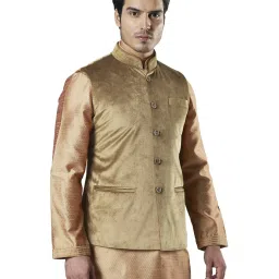 Ethnix By Raymond Beige Regular Fit Self Pattern Nehru Jacket image 4