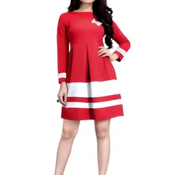 ZELZIS Women Red Colourblock With Butter Fly Crepe Fit and Flare Above Knee Dress-picture-57