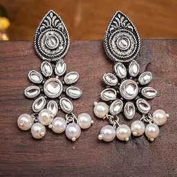 OPUS GEMS Artificial Stones Studded And Beaded Floral Shaped Drop Earrings-picture-24