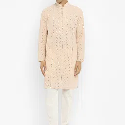 Devyom Geometric Embroidered Mandarin Collar Mirror Work Georgette Kurta With Pyjamas-picture-15