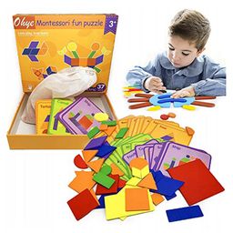 PLUSPOINT Wooden Pattern Blocks Board Puzzle Sorting & Stacking Games Multicolor - 68 Pieces-21