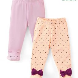 Babyoye Cotton Eco Conscious Bootie Leggings Bow Applique Dot Print Pack of 2- Peach & Purple-image-31