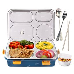 Fiddlerz Lunch Box with 4 Compartments Tiffin Box Stainless Steel Eco-Friendly with Spoon Chopstick & Fork Lunch Food Containers for School Office - Multicolor-picture-8