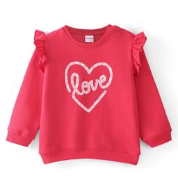 Babyhug 100% Cotton Knit Full Sleeves Sweatshirt With Frill Detailing & Heart Graphics - Dark Pink-image-76