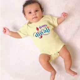 KNITROOT Diwali Theme Half Sleeves Happy Diwali Text Printed Onesie - Yellow-picture-24