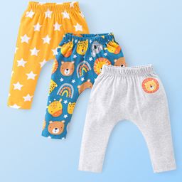 Babyhug Cotton Knit Interlock Diaper Legging With Animals & Star Print Pack Of 3 - Yellow Blue & Grey-image-60