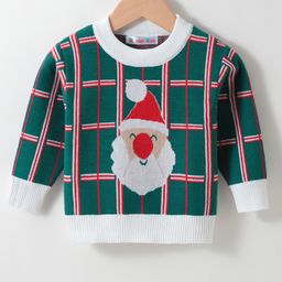 Kookie Kids Viscose Full Sleeves Pullover Sweater With Checks & Christmas Theme Design - Green-picture-25