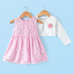Babyhug Woven Frock with Three Fourth Sleeves Jacket Floral Applique - White & Pink-image-38