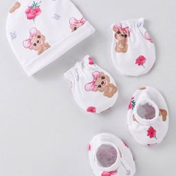 Babyhug 100% Cotton Interlock Knit Cap Mittens & Booties Set with Teddy Bear Print - White-12