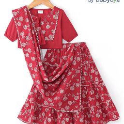 Babyoye Cotton Woven Three Fourth Sleeves Choli Lehenga & Dupatta Set with Lotus Print & Tassle Detailing - Red-image-12