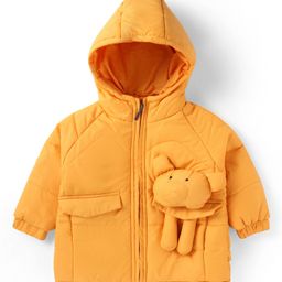 Babyhug Woven Full Sleeves Padded Hooded Jacket With Animal Applique - Orange-image-93