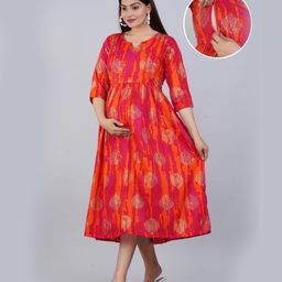 Kaheksa Three Fourth Sleeves Abstract Printed & Tie Dye Maternity Dress With Concealed Zipper Nursing Access - Red-image-93
