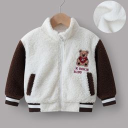 Kookie Kids Full Sleeves Fur Winter Bomber Jacket with Bear Embroidery & Pockets - Brown & White-image-90