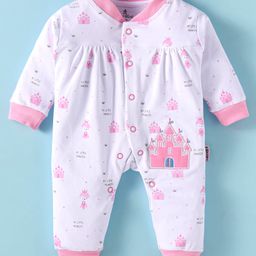 Child World Interlock Knit Full Sleeves Romper With Princess Print - Pink & White-image-83