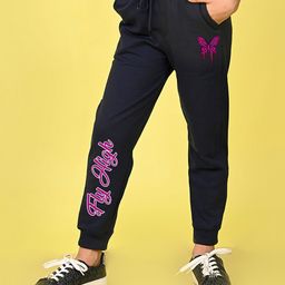 NUSYL Cotton Blend Full Length Butterfly & Text Printed Joggers - Navy Blue-image-5