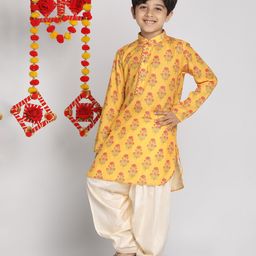 Vastramay Silk Full Sleeves Floral Printed Kurta & Patiala Set - Mustard Yellow & Cream-image-62