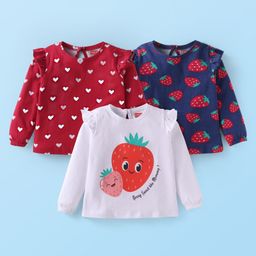 Babyhug Cotton Knit Full Sleeves Tops With Fruit & Heart Print Pack of 3 - Navy Blue White & Red-image-58