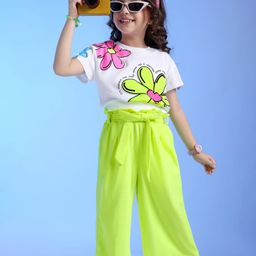 Ollington St. 100% Cotton Half Sleeves Top With Floral Print & Culotte Pant - White & Neon Green-image-66