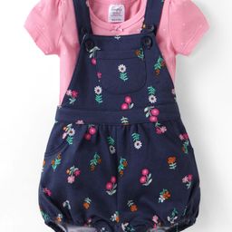 Simply Premium Interlock Knit Half Sleeves Top & Dungaree Style Onesie with Floral Print - Navy Blue-image-82