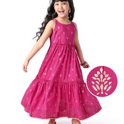 EARTHY TOUCH Cambric Woven Sleeveless Tiered Ethnic Dress With Floral Foil Print - Dark Pink-image-80