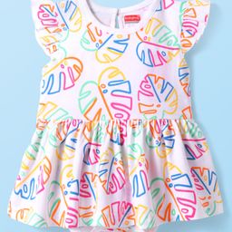 Babyhug 100% Cotton Knit Frill Sleeves Frock Style Onesie with Tropical Theme Print - White-image-61