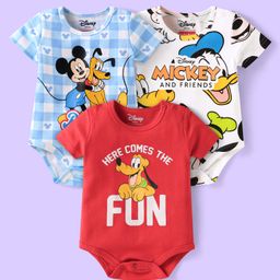 Babyhug Disney Interlock Knit Half Sleeves Onesies with Mickey & Friends Graphics Pack of 3 - White Light Blue & Red-image-69