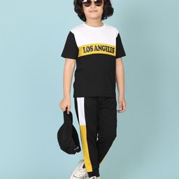 SMART RAHO Cotton Half Sleeves Los Angeles Text Printed Colour Blocked Tee With Coordinating Track Pant Set - Black-image-123