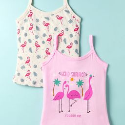 Bodycare Cotton Knit Sleeveless Slips with Flamingo Print Pack of 2 - Pink & Cream-image-20