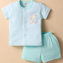 Zero Interlock Knit Half Sleeves Shorts Night Suit With Stripes & Teddy Bear Print - Aqua Blue-image-98