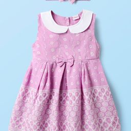 Babyhug Cotton Knit Sleeveless Frock With Embroidery & Headband - Lilac-image-12