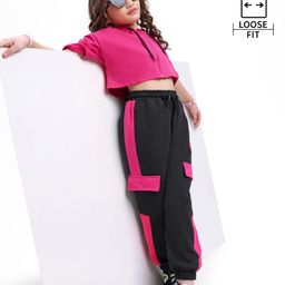 Ollington St. Cotton Half Sleeves Hoodie Top & Knit Joggers Set - Pink & Black-image-44
