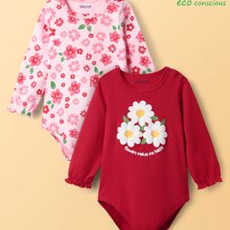 Babyoye 100% Cotton Knit with Eco Jiva Finish Full Sleeves Floral Printed Onesies Pack of 2 - Red & Pink-image-101