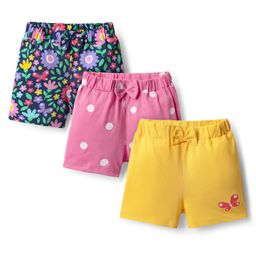 Babyhug Cotton Single Jersey Knit Shorts with Polka Dot Design Floral & Butterfly Print - Pack of 3 - Pink Yellow & Black-image-33