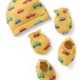 Babyhug 100% Cotton Knit Cap Mittens & Booties Set with Car Print Yellow - Diameter 11 cm-image-40