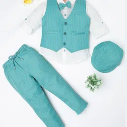 Rikidoos Full Sleeves Striped 3 Piece Party Suit Set With Bow & Cap - Sea Green-picture-38