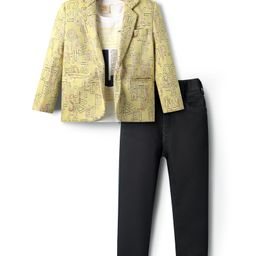 Rikidoos Full Sleeves Alphabets Printed Blazer With Tee & Pant Set - Yellow & Navy Blue-picture-20