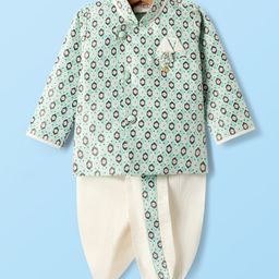 Dapper Dudes Full Sleeves Floral Motif Embroidered Kurta & Coordinating Dhoti Set - Sea Green-image-8