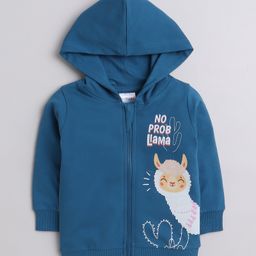 BUMZEE Fleece Knit Full Sleeves Llama Printed Hooded Sweatjacket - Teal Blue-image-103