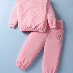 Olio Kids Looper Knit Full Sleeves Polka Dots & Text Printed Winter Wear Suit - Pink-image-97