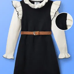 Hola Bonita Knitted Full Sleeves Textured Fabric Sweater Dress With Belt - Black & White-picture-25